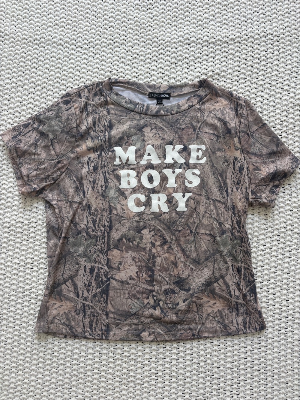Fashion Nova Brown Camo "Make Boys Cry" Short Sleeve Tee